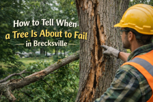 Arborist inspecting a cracked tree trunk for signs of failure in Brecksville, Ohio, showing visible bark damage and decay with surrounding greenery.
